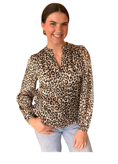 Current Air Ruffled Split Neck Longsleeves Top In Beige In Animal Print