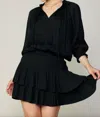 CURRENT AIR RUFFLED V-NECK LONG SLEEVE DRESS IN BLACK