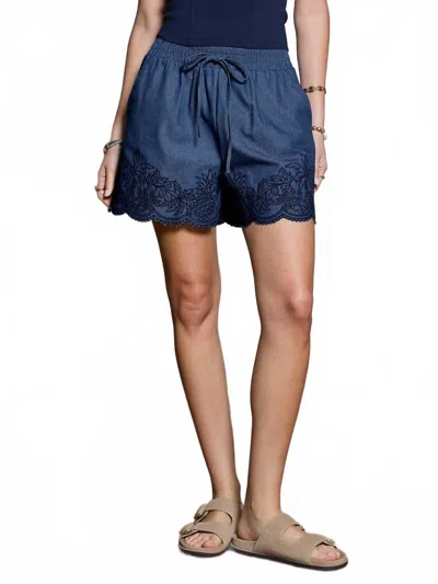 Current Air Scalloped Hem Embroidered Shorts In Denim In Multi