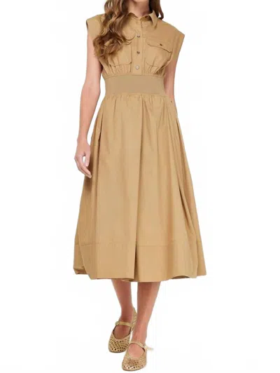 Current Air Shirt Collar Cap Sleeved Midi Dress In Latte In Gold