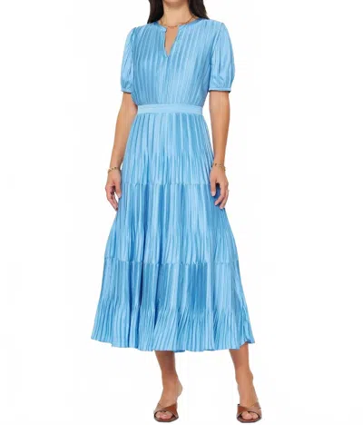Current Air Short Sleeve Tiered Pleated Maxi Dress In Baby Blue