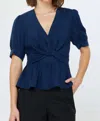 Current Air Short Sleeve Twist Detail Blouse In Navy In Blue