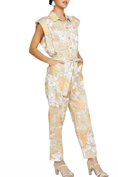 Current Air Sleeveless Utility Button Down Jumpsuit In Floral Sand In Beige