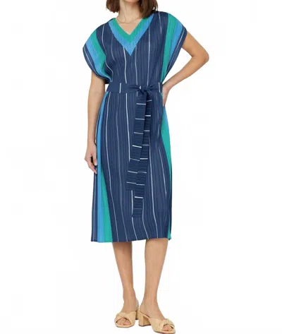 Current Air Sleeveless V-neck Pleated Midi Dress With Stripe Border In Blue