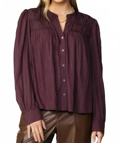 Current Air Smocked Shoulder Button Down Shirt In Midnight Plum In Purple