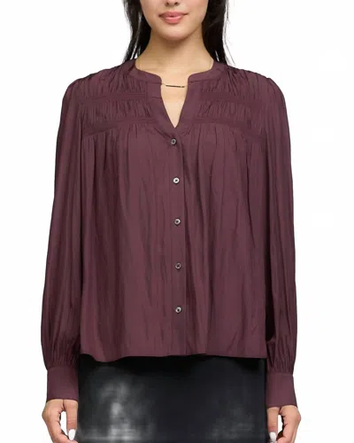 CURRENT AIR SMOCKED SHOULDER BUTTON DOWN TOP IN MIDNIGHT PLUM