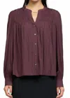 Current Air Smocked Shoulder Button Down Top In Midnight Plum In Burgundy