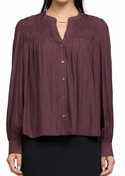 Current Air Smocked Shoulder Button Down Top In Midnight Plum In Burgundy