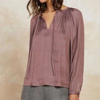 Current Air Split Neck Long Sleeve Top In Mauve Brown
