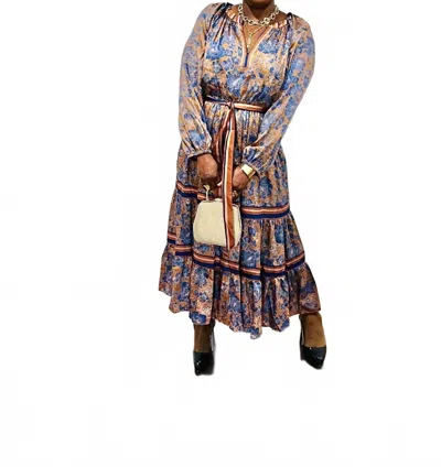 Current Air Split Vneck A Line Floral Print Dress In Brown Multi