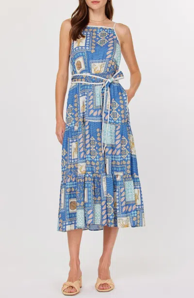 Current Air Square Neck Midi Dress In Sea Multi In Blue