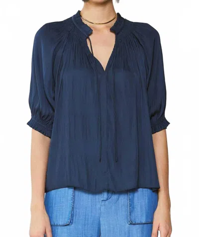Current Air Susana Short Sleeve Tie Front Satin Top In Navy In Blue