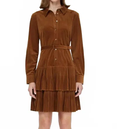 Current Air Velvet Pleated Tiered Shirt Mini Dress In Brown