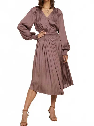 Current Air V-neck Long Sleeve Midi Dress With Smocked Cuffs And Ruffle Details In Mauve In Brown