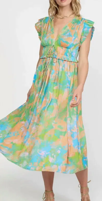 Current Air V-neck Pleated Dress In Green Multi