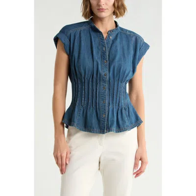 Current Elliott Current/elliott Pleated Fitted Cotton Denim Top In Blue