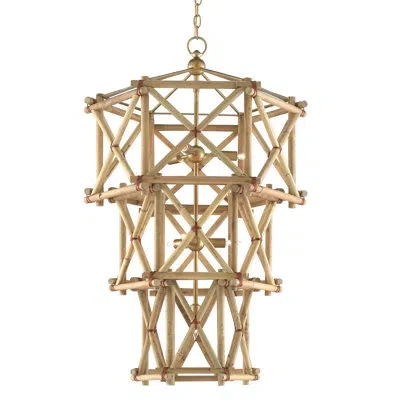 Currey & Company Kingali Chandelier 7 - Light Unique Geometric Chandelier With Wood Accents In New Brass