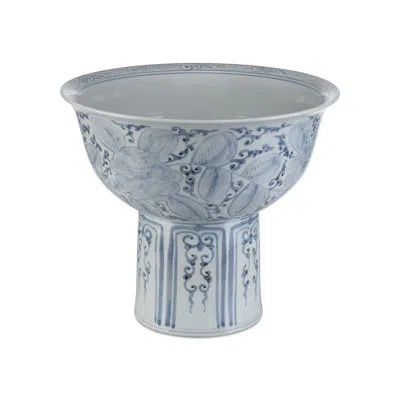 Currey & Company Ming Offering Pedestal Bowl In Blue;off-white