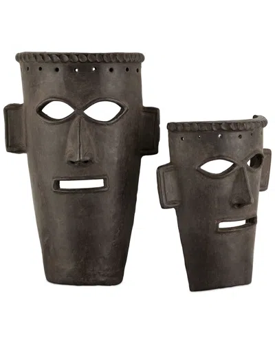 Currey & Company Set Of 2 Handmade Etu Black Mask In Dark Brown