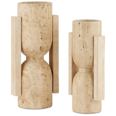 Currey & Company Travertine Stone Vase Face To Face Set Of 2 In Brown