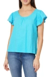 Curve Appeal Pompom Flutter Sleeve Cotton Top In Blue Atoll