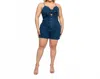 Curve Market Button Down Denim Romper In Dark Wash In Blue