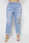 Curve Market Distressed Elastic Mom Jeans - Plus In Light Wash In Blue