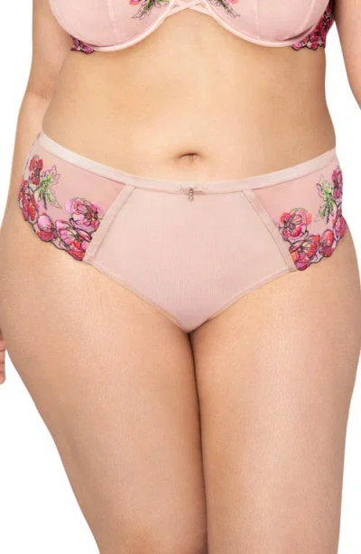 Curvy Couture Floral Embroidered Strappy Back Briefs In Blushing Rose