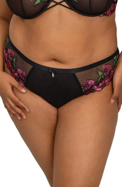 Curvy Couture Floral Embroidered Strappy Back Briefs In Lush Black
