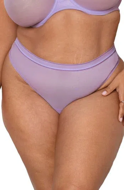 Curvy Couture High Cut Mesh Thong In Lavender Lurex