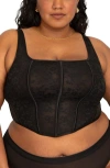 Curvy Couture No Show Floral Jacquard Corset Crop Top In Gray
