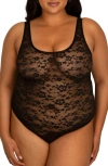 Curvy Couture No-show Lace Bodysuit In Black Hue