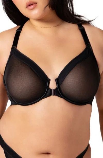 Curvy Couture Sheer Mesh Front Clasp Racerback Underwire Bra In Black Hue