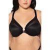 Curvy Couture Sheer Mesh Front Clasp Racerback Underwire Bra In Black Hue