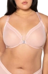 Curvy Couture Sheer Mesh Front Clasp Racerback Underwire Bra In Blushing Rose