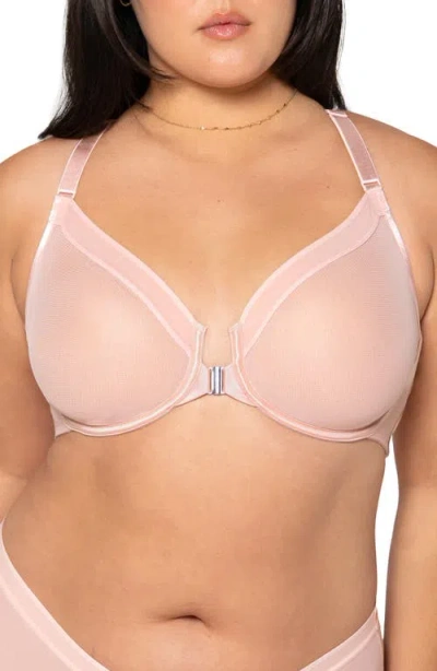 Curvy Couture Sheer Mesh Front Clasp Racerback Underwire Bra In Blushing Rose