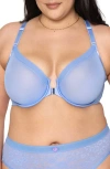Curvy Couture Sheer Mesh Front Clasp Racerback Underwire Bra In Denim Blue