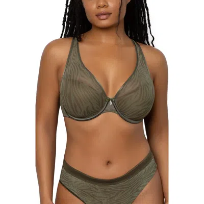 Curvy Couture Sheer Mesh Plunge T-shirt Bra In Olive Waves