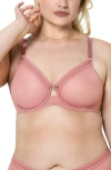 Curvy Couture Sheer Mesh Underwire Unlined Bra In Pink