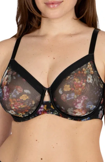 Curvy Couture Sheer Mesh Underwire Unlined Bra In Black