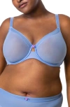 Curvy Couture Sheer Mesh Underwire Unlined Bra In Blue