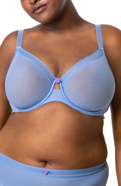 Curvy Couture Sheer Mesh Underwire Unlined Bra In Blue