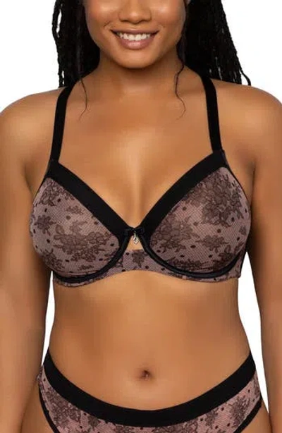 Curvy Couture Sheer Mesh Underwire Unlined Bra In Brown