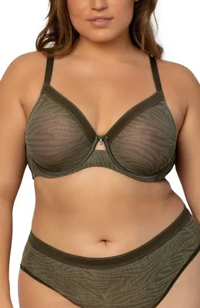 Curvy Couture Sheer Mesh Underwire Unlined Bra In Olive Waves