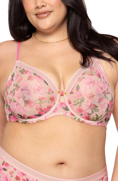 Curvy Couture Sheer Mesh Underwire Unlined Bra In Pink