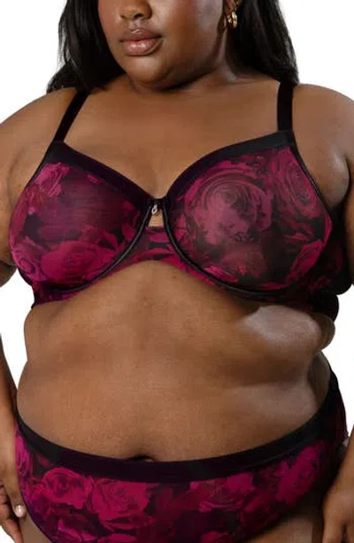 Curvy Couture Sheer Mesh Underwire Unlined Bra In Roses