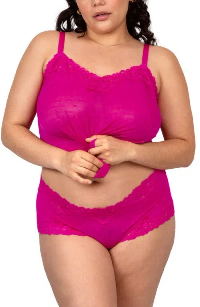 Curvy Couture Sheer Whisper Camisole & Boyshorts Set In Pink
