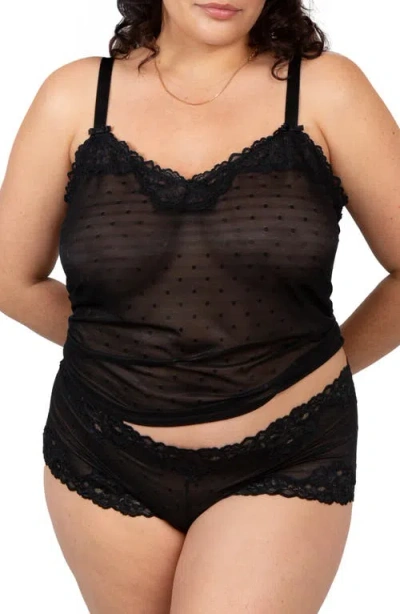 Curvy Couture Sheer Whisper Camisole & Boyshorts Set In Black