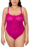 Curvy Couture Sheer Whisper Lace Thong Teddy In Glamberry