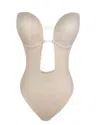 Curvy Fix U-plunge Thong Shaper Backless Bodysuits In Nude In Neutral